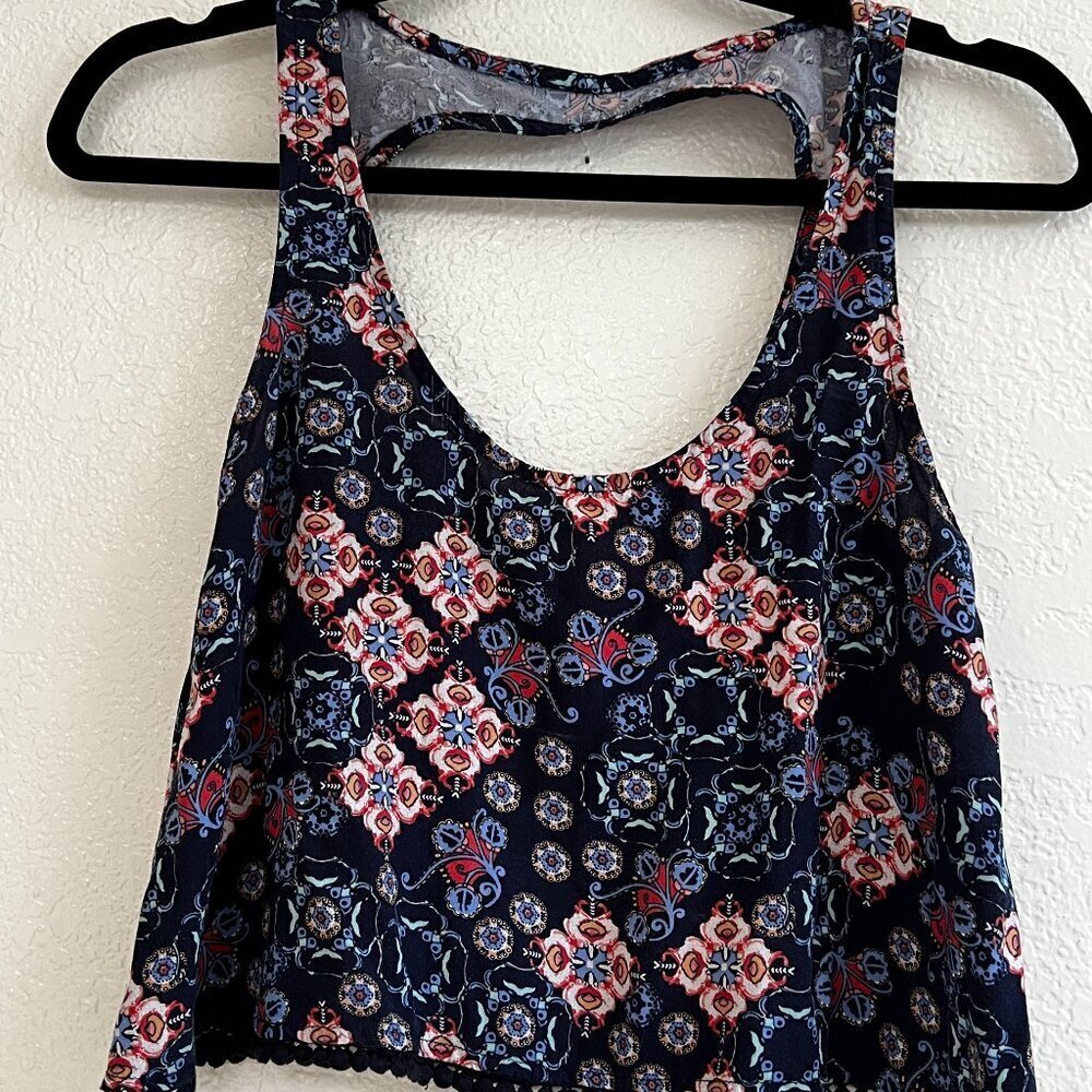 Vintage Mudd Open Back Crop Top Lace Hem Navy Boho‎ Print 90s Y2K Size XS